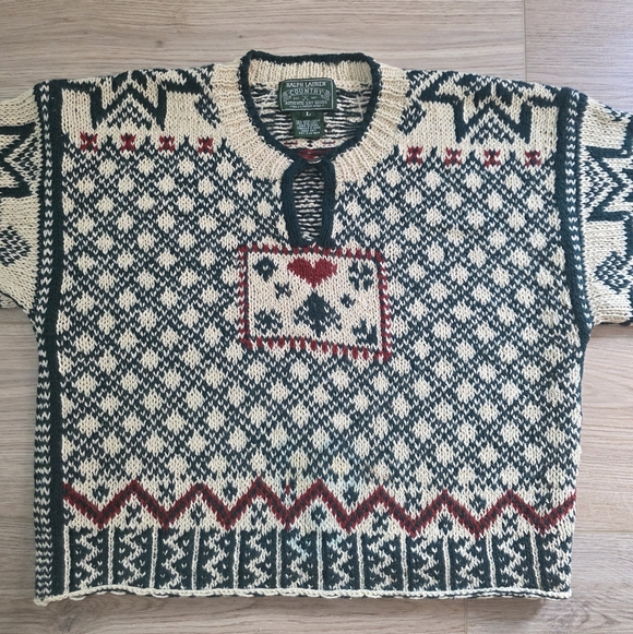 RARE VTG 90s Ralph Lauren Country Cropped Wool Nordic Sweater Large Green Cream - Picture 3 of 11